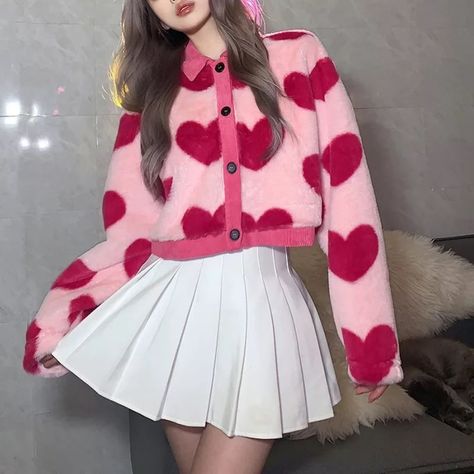 Lovecore Clothes, Outfit Korean, Soft Aesthetic, Aesthetic Outfit, Heart Print, Pink Heart, Skirt, Pink, Clothes