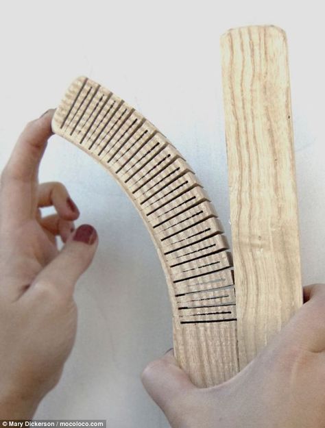 The strips of ashwood have had pieces sliced out of it, allowing it to bend and compress unlike solid pieces of wood Kerf Bending, Flexible Wood, How To Bend Wood, Woodworking Joinery, Wood Joints, Into The Wood, Cnc Design, Bent Wood, Wood Joinery