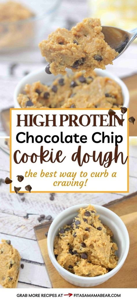 Two images of protein cookie dough with chocolate chips in a white ramekin and the top image a close up of a spoonful with text between the images. Low Calorie Cookie Dough, Cookie Dough Keto, Gluten Free Protein Cookies, Protein Cookie Dough Recipe, High Protein Snack Recipes, Peanut Butter And Chocolate Chips, Protein Chocolate Chip Cookies, Protein Snacks Recipes, Protein Powder Cookies