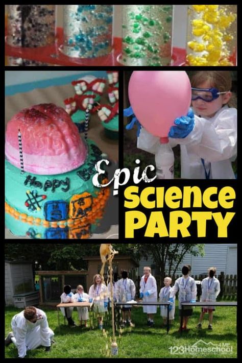 Science Experiments For Birthday Parties, Kids Science Birthday Party Ideas, Party Science Experiments, Stem Birthday Party, Science Birthday Cake, Science Party Games, Science Party Food, Science Party Ideas, Science Snacks