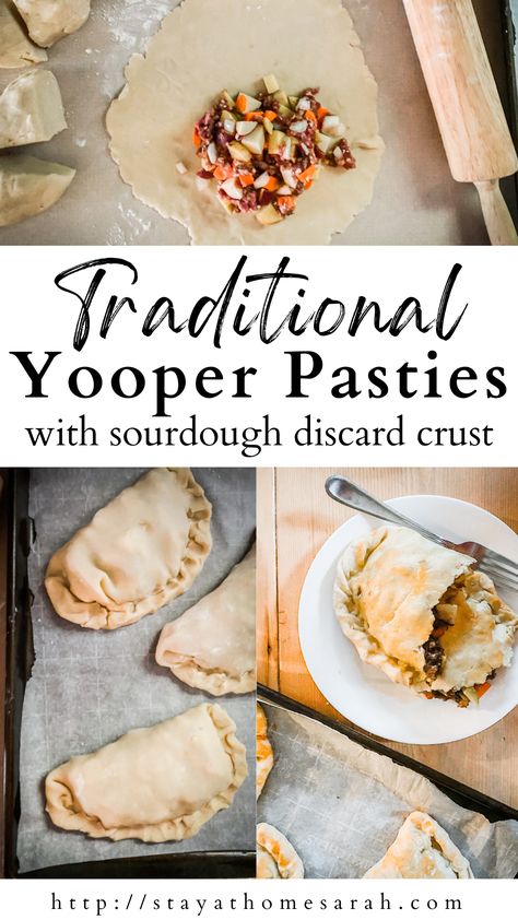 Traditional Yooper Pasties are the ultimate Michigan comfort food. This recipe uses a sourdough discard crust to make these delicious hand pies filled with meat and vegetables. I promise everyone will love them! Yooper Pasties, Pasty Recipe Michigan, Savory Hand Pies Recipes, Pasty Recipe, Sourdough Starter Discard, Hand Pies Savory, Pasties Recipes, Homemade Pie Crust Recipe, Hand Pie Recipes