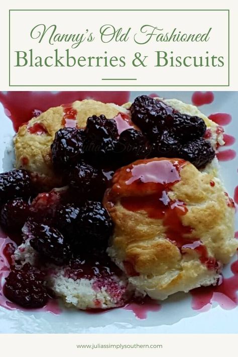 Nanny's Old Fashioned Blackberries and Biscuits are a favorite breakfast treat. Fresh summer blackberries are stewed and sweetened then served over freshly made warm buttermilk biscuits. #blackberrydumplings #homemadebiscuits #blackberries #breakfastrecipes #southernfood #southernrecipes #juliassimplysouthern Blackberry Dumplings, Biscuits Breakfast, Southern Buttermilk Biscuits, Southern Cooking Recipes, Homemade Buttermilk Biscuits, Healthy Delicious Recipes, Blackberry Recipes, Dumplings Recipe, Special Diet