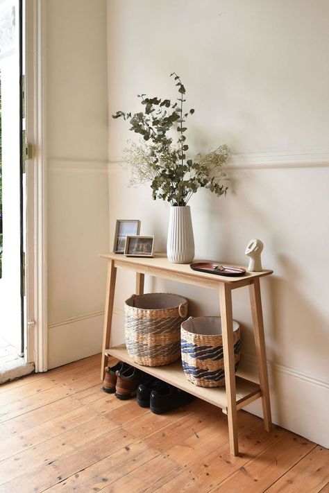 Futon Company Console Side Table in a Neutral-Coloured Hallway Hallway Console Table Ideas, Small Console Table Decor, Hallway Console Table, Small Console Table, Console Table Decorating, Narrow Console Table, Small Homes, Side Table With Storage, Table With Storage