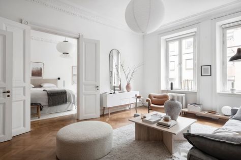 Natural Simplicity For This Serene And Stylish Scandinavian Apartment - Nordic Design Light And Airy Bedroom, Nordic Apartment, Curated Spaces, Greige Walls, Blue Wall Colors, Airy Bedroom, Scandinavian Apartment, Light Hardwood, Light Hardwood Floors