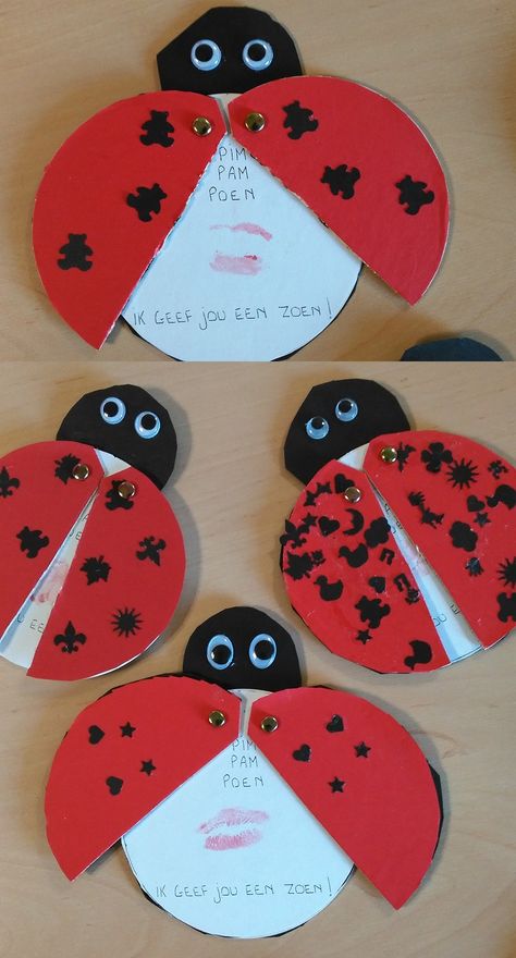 Moederdag - knutselen - kinderen - lieveheersbeestje - pim pam poen ik geef jou een zoen - bierviltjes - ponsen - knippen en plakken Valentine's Day Crafts For Kids, Fathers Day Crafts, Simple Valentine, Creative Hobbies, Mothers Day Crafts, Valentines For Kids, Valentine Day Crafts, Creative Kids, Toddler Crafts