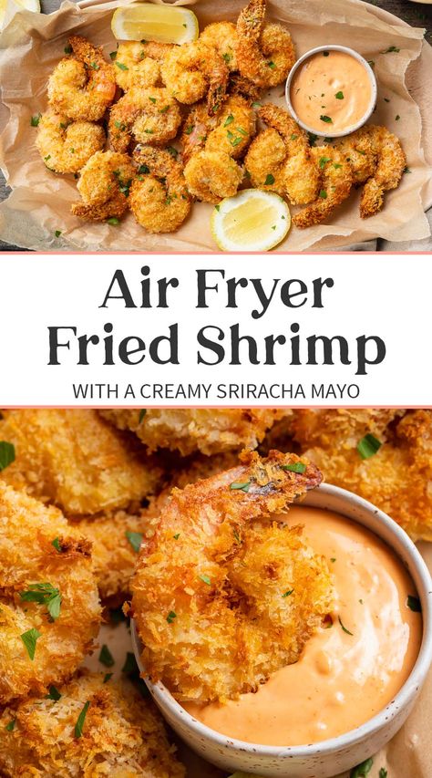 Tender and totally crispy fried shrimp has never been easier or lighter, and it's all thanks to the magic of the air fryer. With an Old Bay seasoned breading, crunchy panko breadcrumbs, and a cool, creamy sriracha mayo, these homemade popcorn shrimp are a deliciously light, airy alternative to traditional fried shrimp. Air Fryer Fried Shrimp, Smoked Seafood, Crispy Fried Shrimp, Air Fryer Shrimp, Fried Shrimp Recipes, Air Fryer Fish, Popcorn Shrimp, Homemade Popcorn, Sriracha Mayo