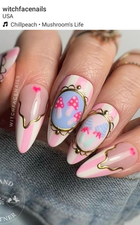 Pastel Mushroom Nails, Hand Painted Press On Nails, Mushroom Nails Designs, Pink Mushroom Nails, Mushroom Nails Acrylic, Mushroom Nail Designs, Cottage Core Nails, Nails Mushroom, Cute Pastel Nails