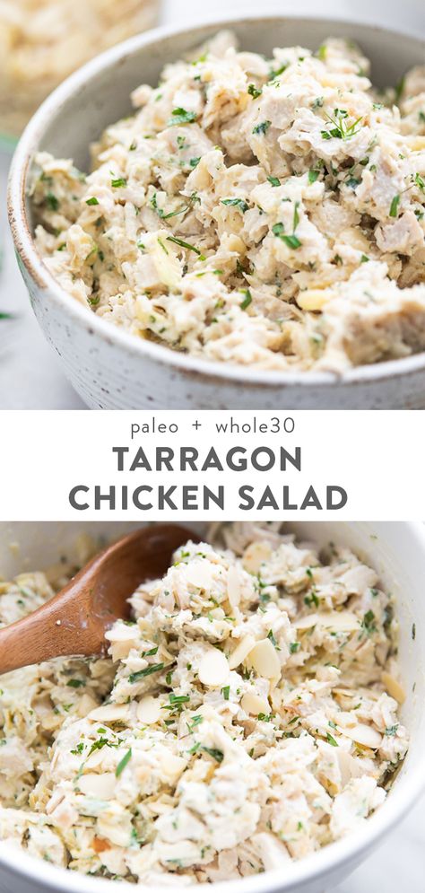 This tarragon chicken salad with almonds is absolutely delicious! Made with fresh tarragon and crunchy sliced almonds. Perfect for lunches, bridal and baby showers, or potlucks, this recipe is quick, easy, healthy, Whole30 compliant, paleo, and low carb, too. It's similar to the tarragon chicken salad found at the Publix deli. #chicken #babyshower Chicken Salad With Almonds, Chicken Tarragon, Salad With Almonds, Tarragon Chicken Salad, Tarragon Chicken, Salad Chicken, Salad Salad, Recetas Keto, Cheese Flavor