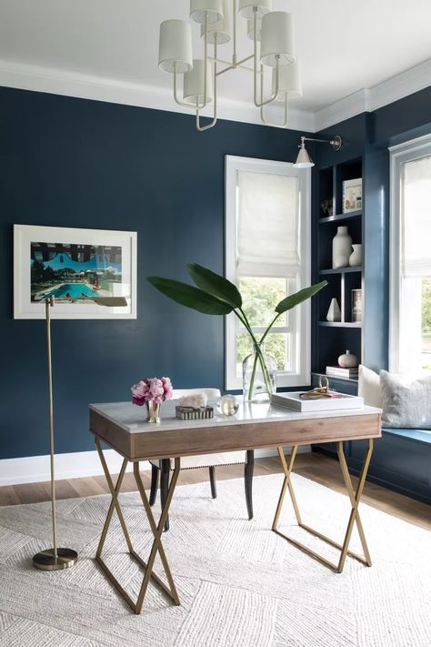 10 Beautiful Home Office Paint Color Ideas for Better Productivity Home Office Paint Ideas, Home Office Paint, Navy Paint Colors, Office Wall Colors, Navy Blue Paint, Office Paint Colors, Office Paint, Home Office Colors, Best Paint Colors