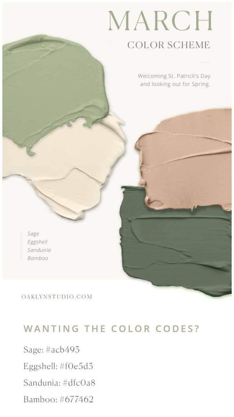 March Color Pallete, Sage Green Color Combos, Sage Green Complimentary Colors, Sage Color Scheme, Sage Green Color Palette, January Colors, March Colors, Green Color Scheme, Green Color Combinations