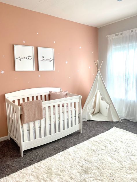 Peach And Gray Nursery, Peach And Grey Nursery, Peach Colored Nursery, Peach Theme Nursery, Peach Baby Room, Peach Nursery Girl, Dusty Pink Nursery Ideas, Baby Girl Room Paint Ideas