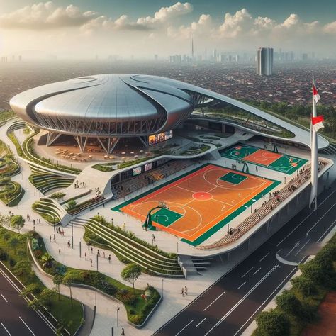 Sports City Architecture, Futuristic Basketball Court, Sport City Architecture, Futuristic Architecture Future City, Futuristic Stadium Design, Tropical Houses Architecture, Infrastructure Architecture, Sport Stadium Architecture, Stadium Architecture