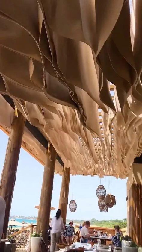 nature on Instagram: This ceiling installation designed by Athens-based practice @K_Studio_GR for the Romanos Costa Navarino Resort, has a special feature in… Costa Navarino, Outdoor Restaurant Patio, Fabric Banners, Waves On The Beach, Fabric Installation, Fabric Ceiling, Beach Lighting, Restaurant Patio, Ceiling Art