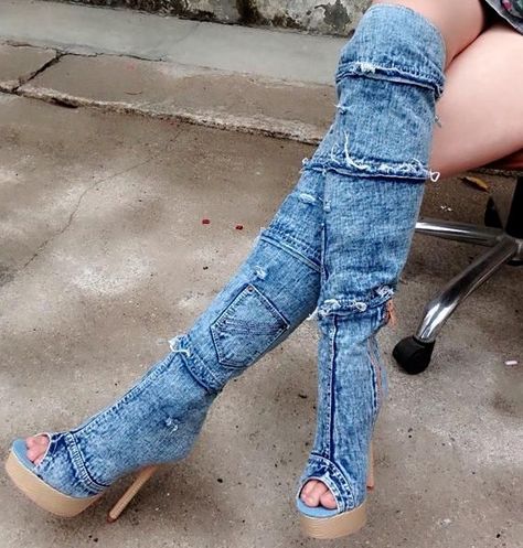 >> Click to Buy << Summer fashion women jeans boots over the knee sexy high heel designer platform boots patchwork peep toe women blue denim boots  #Affiliate Thigh High Denim Boots, Peep Toe Boots, Summer Boots, Denim Boots, Denim Shoes, Fashion High Heels, Long Boots, Girls Boots, Wedge Boots