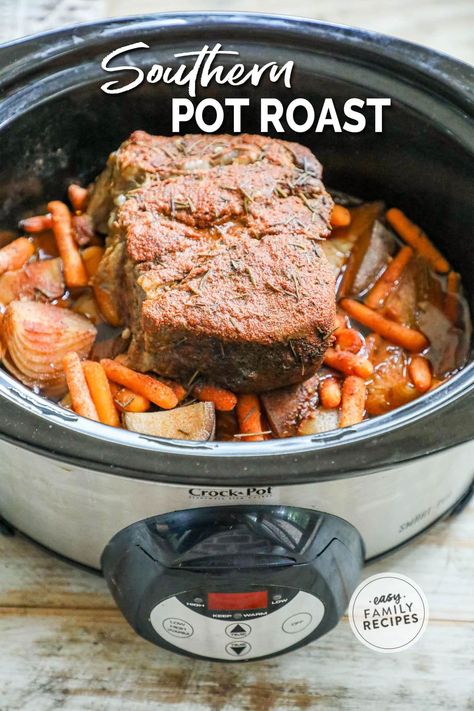 A NO STRESS, classic beef pot roast dinner! I love serving this southern pot roast when I’m short on time and need a complete one-pot meal. A beef chuck roast is seasoned and then cooked low and slow for up to 9 hours over a medley of potatoes, carrots, and onions. Your Crock Pot does all the work to create a complete slow cooker meal that you can serve on busy weeknights or for that perfect sunday dinner. The juicy beef, tender veggies, and easy clean up will make it a quick family favorite! Crockpot Roasted Potatoes, Southern Pot Roast, Pot Roast Dinner, Chuck Roast Crock Pot Recipes, Crock Pot Chuck Roast, Roast Beef Crock Pot Recipes, Crockpot Veggies, Beef Roast Crock Pot, Perfect Roast Beef