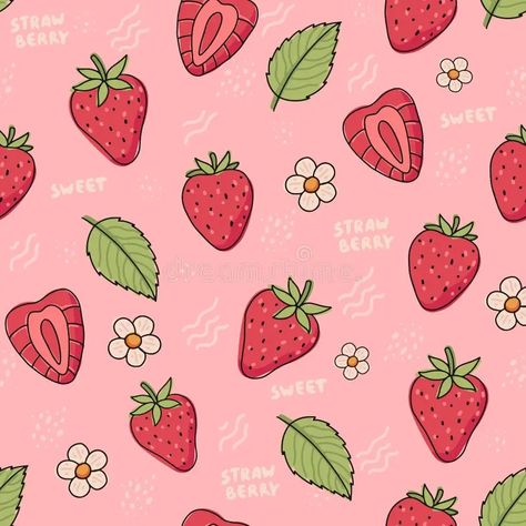 Illustration about Strawberry hand drawn seamless pattern. Cute strawberries with flowers and leaves in doodle style, vector illustration. Illustration of fruits, fresh, flowers - 226822233 How To Draw Berries, Cute Strawberry Illustration, Doodle Strawberry, Strawberries With Flowers, Berries Drawing, Strawberry Doodle, Fruit Doodles, Drawing Strawberry, Strawberry Illustration