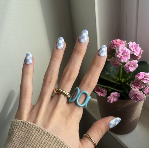 #chillhouse #pressonnails #checkerednails #checkerprint #blue #naildesign #monchermoi #rings #ringinspo Baby Blue Checkered Nails, Checkered Nails Blue, Blue Checkered Nails, Checked Nails, Checkered Nails, Nails Blue, Checker Print, Blue Checkered, Kawaii Nails