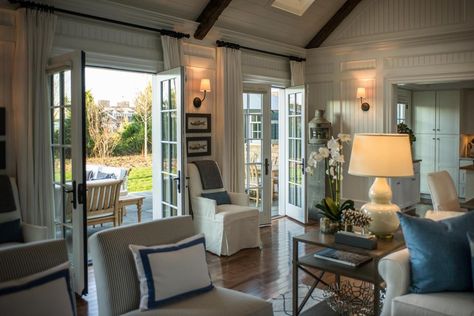 HGTV Dream Home 2015: Great Room | HGTV Dream Home 2015 | HGTV French Doors Design, French Doors Living Room, Family Room Design With Fireplace, Cape Cod Decor, Franklin House, Coastal Modern Farmhouse, 1920s Interior Design, Hgtv Dream Homes, Town Design