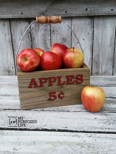 apple crate made from reclaimed wood and five gallon bucket handle… Remodel Trailer, Five Gallon Bucket, Apple Crate, Diy Apple, Apple Crates, Reclaimed Wood Projects, Home Remodel, Stenciling, Woodworking Furniture