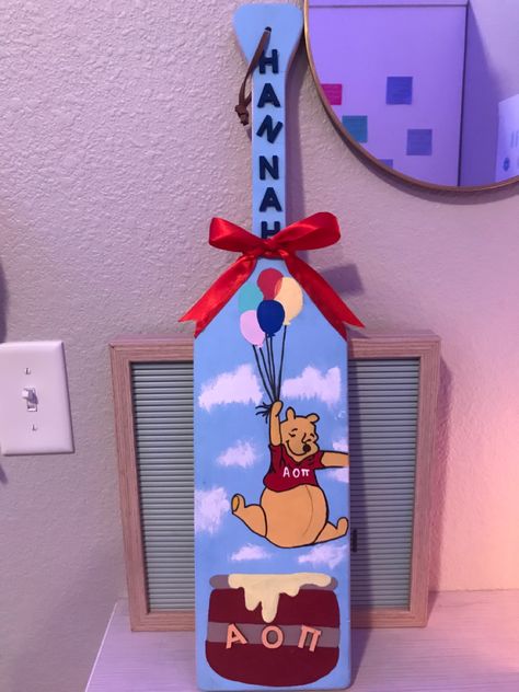 winnie the pooh sorority paddle alpha omicron pi aoii alpha o Winnie The Pooh Sorority Paddle, Big Little Paddles Sorority Ideas, Aoii Paddle, Sorority Paddles Ideas, 21 Paddle, Paddle Sorority Big, Halloween Fundraiser, Paddle Sorority, Paddles Sorority