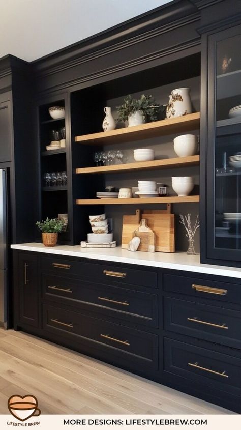 Black Kitchen Cabinet Ideas: Timeless Elegance and Modern Sophistication - LifeStyle Brew Black Built In Bar, Urban Bronze Kitchen, Urban Bronze Kitchen Cabinets, Bronze Kitchen Cabinets, Black Cabinet Kitchen, Black Kitchen Inspiration, Built In Bar Cabinet, Black Kitchen Cabinet, Cabinets With Glass Doors