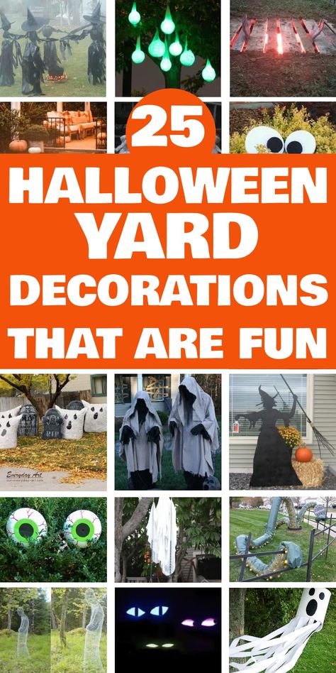 25 fun Halloween yard decorations, including witches, ghost lanterns, and spooky eyes. Side Yard Halloween Decor, Halloween Diy Outside Decorations, Creative Outdoor Halloween Decor, Large Outdoor Halloween Decorations, Halloween Yard Displays Ideas, Halloween Yard Displays Diy, Do It Yourself Halloween Decorations, Diy Yard Halloween Decorations, Holloween Decore Idea Outdoor Diy