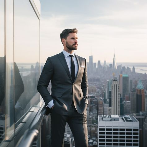 Executive Urban View: A confident man in a tailored suit overlooks the cityscape from a towering high-rise building. #businessman #skyline #cityscape #suit #high-rise #executive #dusk #professional #aiart #aiphoto #stockcake https://ayr.app/l/sRpn Consultant Outfit, Business Man Photography, Business Shoot, Confident Man, Photography Office, Live Backgrounds, Office Men, Golden Rings, Tailored Suit