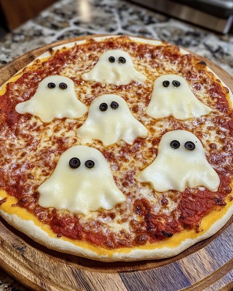 Ghost Pizza, Halloween Potluck, Pizza Cupcakes, Halloween Pizza, Halloween Goodies, Pizza Sauce, Shredded Mozzarella, Pizza Crust, Halloween Ghost