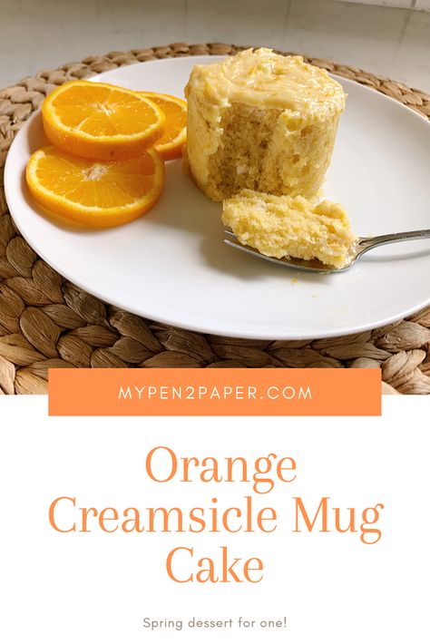 Looking for an easy dessert for one? This orange creamsicle mug cake is delicious and perfect for spring! With a sweet orange cake and a tangy cream cheese frosting, this easy dessert can be whipped up in minutes. #pen2paper #mugcake #sweeteats Easy Dessert For One, Orange Cream Cheese Icing, Dessert For One, Creamsicle Cake, Orange Mug, Orange Dessert, Citrus Desserts, Chocolate Peanut Butter Desserts, Orange Cream Cheese