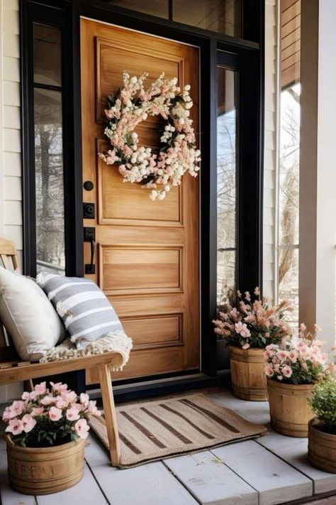 Modern Country Homes - Inspiring Styles Small Back Porch Privacy Ideas, Formal Front Room Ideas, Front Porch Set Up Ideas, Small Front Porch Ideas Summer, French Country Front Porch Ideas, Front Porch Spring Decor Ideas, Porch Decorating Spring, Spring Decorating Ideas For The Home, Spring House Decorations