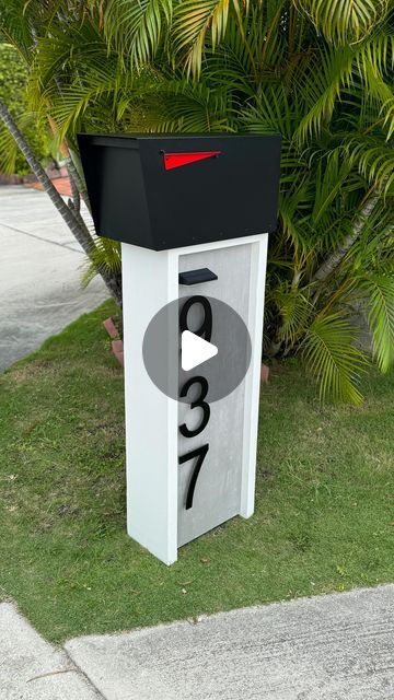 Black House Numbers, Mailbox Ideas, Concrete Look Tile, Exterior Ideas, Brushed Metal, House Numbers, Solar Lights, Mailbox, Curb Appeal