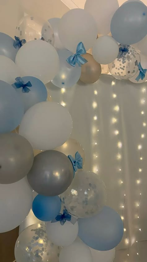 white and blue, balloons and bows birthday decor White Blue Birthday Decoration, Teal Color Birthday Theme, Birthday Decoration Ideas Blue And White, Birthday Decorations 16 Sweet 16, Birthday Party Ideas Blue And White, 17 Bday Decorations, Blue Wedding Balloons, Birthday Blue Theme Decoration, Blue Themed Bday Party