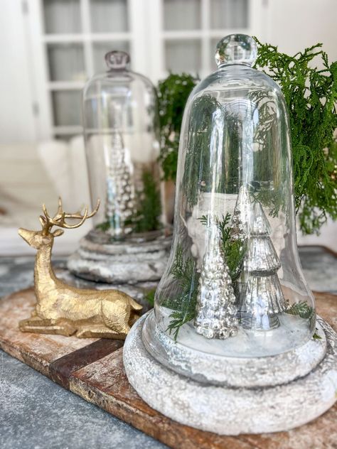 Winter cloche vignette 1 Small Cloche Ideas, Spring Cloche Ideas, Diy Cloche Ideas, Christmas Cloche Ideas, Decorate A Coffee Table, Christmas Cloche, Simple Winter Decor, Easy Winter Decorations, Cloche Ideas