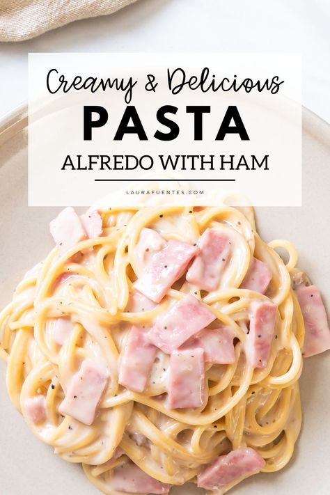 Combine alfredo sauce with chopped ham and you'll have the most epic pasta dinner in just 20 minutes! Ham Pasta Recipes Dinners, Ham Alfredo Pasta, Pasta With Ham Recipes, Ham Fettucini Alfredo, Ham Mushroom Pasta, Ham Pasta Recipes, Easy Alfredo Recipe, Ham And Cheese Pasta, Fettucini Alfredo