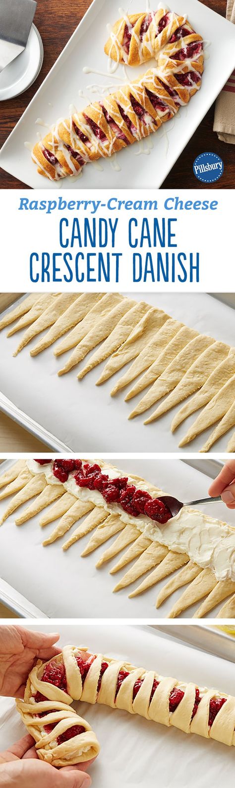 Whether you need to distract the kids from opening presents on Christmas morning or feed your overnight guests around the holidays, this Raspberry-Cream Cheese Candy Cane Danish is the way to do it. Expert tip: To quickly soften cream cheese, remove from wrapper, and place on microwavable plate; microwave uncovered on High about 15 seconds or just until softened. Candy Cane Danish, Brunch For Kids, Crescent Danish, Breakfast Christmas Morning, Candy Cane Coffee, Cooker Girl, Holiday Apps, Breakfast Christmas, Opening Presents