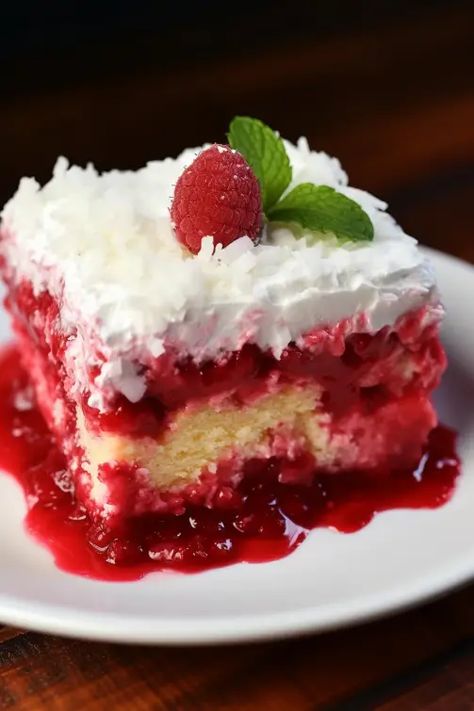 Raspberry Zinger Poke Cake, Zinger Poke Cake, Raspberry Zinger, Cake Preparation, Poke Cake Recipes, Raspberry Recipes, Poke Cakes, A Piece Of Cake, Poke Cake