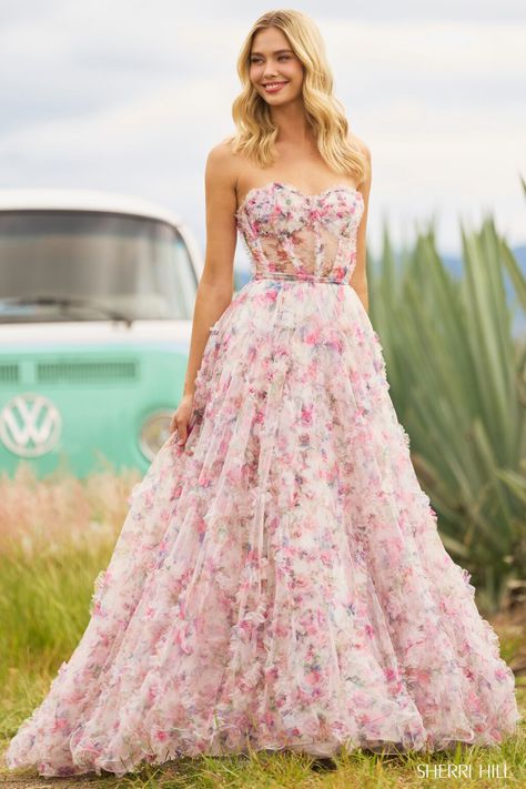 2024 Gown Trends, Prom Dresses 2024 Trends, Pink Floral Prom Dress, Corset Evening Dress, Lavender Gown, Prom 2023, Summer Formal Dresses, Corset Gown, Sherri Hill Prom