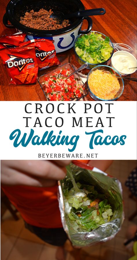 Appetizer Tacos, Crock Pot Taco Meat, Dinner On The Go, Walking Taco Bar, Walking Tacos Recipe, Crockpot Foods, Kids Birthday Food, Walking Taco, Walking Tacos