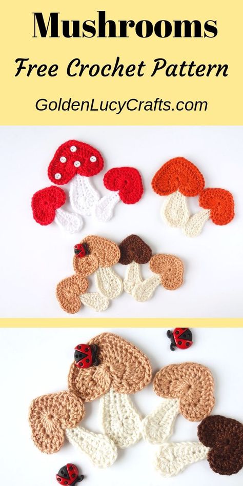 Crochet Mushroom Applique, heart mushroom crochet, how to crochet a mushroom, mushroom free crochet pattern, heart-shaped, #crochet, #freecrochetpattern, crochet mushroom pattern Crochet Mushroom Applique, Crochet A Mushroom, Crochet Mushroom Pattern, Mushroom Applique, Heart Mushroom, Crochet Star Patterns, Mushroom Crochet, Crochet Whale, Crochet Applique Patterns Free