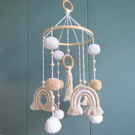 Neutral Boho Rainbow Baby Mobile for Crib Mobile Nursery DéCor Hanging Baby Crib, Mobile For Crib, Wooden Baby Mobile, Rainbow Hanging, Boho Mobile, Rainbow Mobile, Bed Decoration, Gender Neutral Nursery Decor, Neutral Rainbow