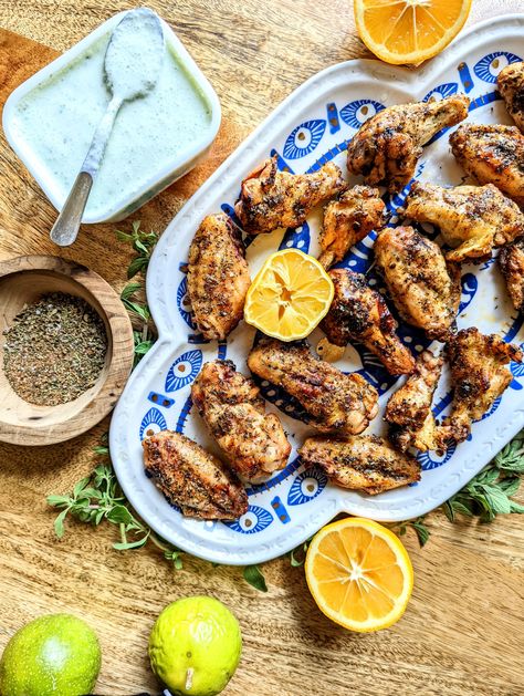 These Mediterranean Chicken Wings are marinated in buttermilk, seasoned with an easy homemade spice Frozen Chicken Wings, Greek Chickpeas, Fried Halloumi, Strawberry Salsa, Homemade Spice Mix, Cucumber Dill, Zucchini Blossoms, Grilled Halloumi, Mediterranean Chicken