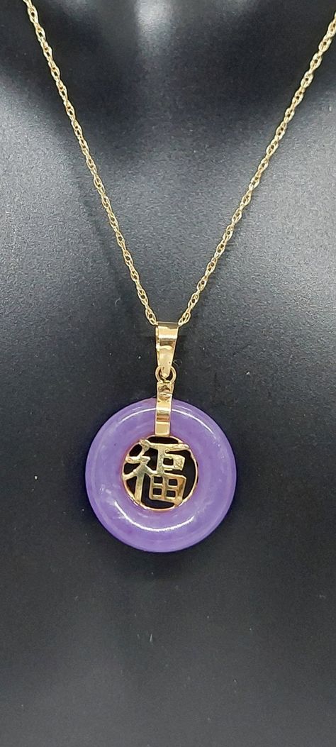 LAVENDER Jade Luck Pendant with 18 Inches Rope Chain. 14K Yellow Gold Translucent Lavender Jade Pendant w/ Chinese character in the center. Beautiful vintage 14k solid gold Purple Jade round pendant. Jade stone measures 15mm x 15mm with Good Fortune Chinese character in the center for great Jade lover. -Product Info: - Stone: Lavender Jade. - Stone Measures: 15mm x 15mm Lavender Jade. - Stone Color: Purple. - Metal: 14k Solid Gold. - Chain Length: 18 Inches Rope Chain. - Nice Gift Box In Cosplay Idea, Lavender Jade, Purple Jade, Jade Stone, Jade Pendant, Round Pendant, Rope Chain, Purple Gold, Chain Lengths