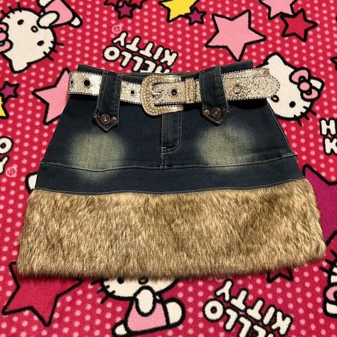 y2k faux fur denim mini skirt with glittery belt 

•... - Depop Rhinestone Belt Outfit, Y2k Mini Skirt Outfit, Y2k Trashy, Ateez Concert, Dr Wardrobe, Fur Skirt, Y2k Mini Skirt, Y2k Skirt, Denim Projects