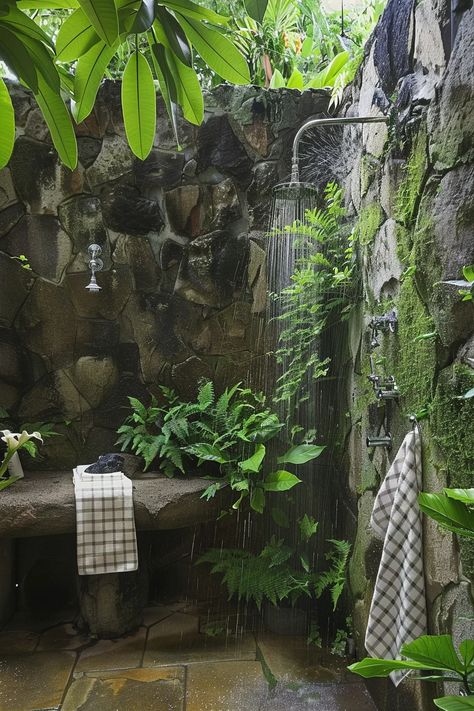 10+ Stunning Outdoor Shower Ideas to Elevate Your Backyard - Vividly Aesthetic Outdoor Shower Stone Wall, Checkered Towels, Outdoor Shower Inspiration, Outdoor Shower Ideas, Geometric Tile Design, Outside Showers, Outdoor Bathroom Design, Earthy Home Decor, Natural Spa