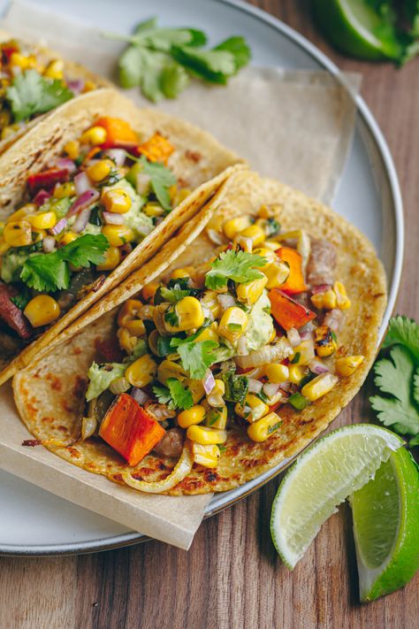 Pinto Bean Tacos, Tacos With Corn Salsa, Soft Corn Tacos, Sweet Potato Roasted, Cilantro Crema, Potato Roasted, Salsa Avocado, Roasted Corn Salsa, Meatless Mains