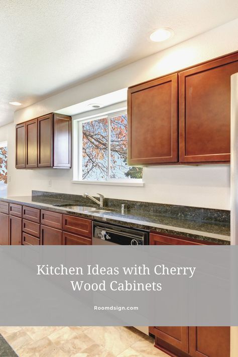 Browse our kitchen ideas with cherry wood cabinets. Kitchen Paint With Wood Cabinets, Lvp With Cherry Cabinets, Kitchen With Cherry Wood Floors, Modern Cherry Cabinets Kitchen, Paint Color Ideas For Kitchen, Color Ideas For Kitchen, Neutral Kitchen Paint Colors, Dark Cherry Furniture, Wall Paint Color Ideas