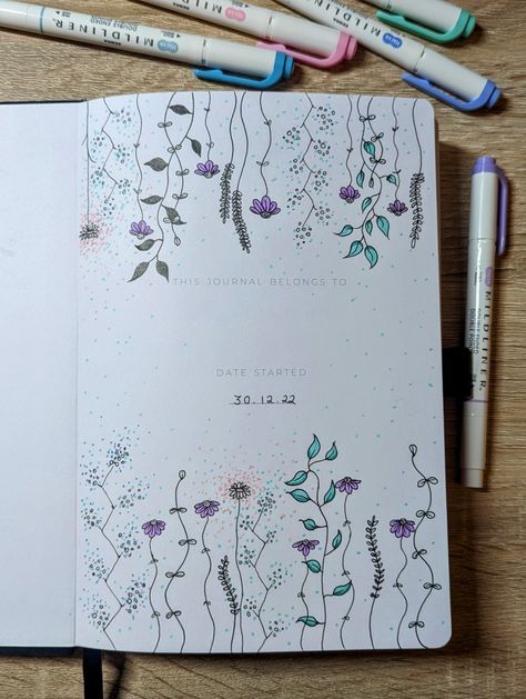 Journal / bullet journal / scrapbook front page, name page, name and date page, art, artistic, floral design Journal Inspiration Front Page, Decorative Pages Journal, Artbook Front Cover Ideas, Opening Journal Page Ideas, Names For Your Journal, Cute Journal Front Cover Ideas, Name For Journal, Journal Name Ideas Aesthetic, Front Page Of Notebook Ideas