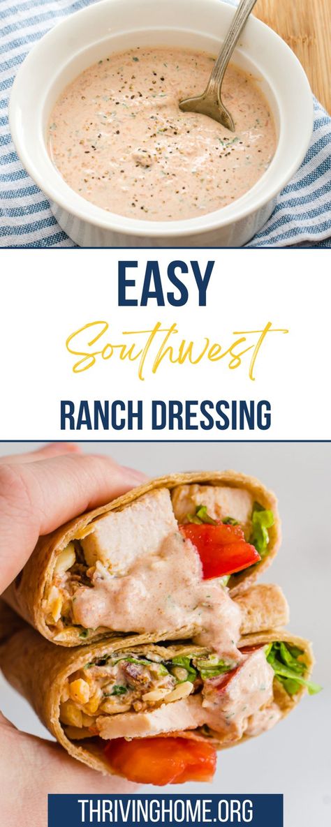 A little creamy, a hint of spicy, and 100% delicious, this homemade southwest ranch dressing takes minutes to throw together and is super versatile. When time allows, you’ll find that making your own simple dressing at home, like this southwest ranch dressing, is not only better for you, but also tastes fresher and more complex. Easy Southwest Ranch Dressing, Southwest Ranch Dressing Recipe, Southwest Ranch Dressing, Dip For Veggies, Southwest Ranch, Spicy Ranch Dressing, Healthy Ranch Dressing, Southwest Chicken Salad, Simple Dressing