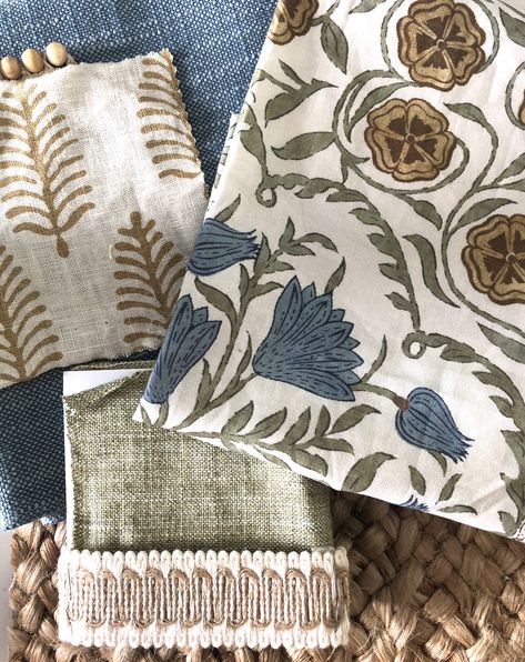 Mixing Fabric Patterns Interior Design, Living Room Fabric Combinations, Fabric Combinations Interior Design, Fabric Mood Board, Decorating With Fabric, Farmhouse Upholstery Fabric, Decorating With Blue, Creative Home Decor Ideas, Cozy Living Room Design