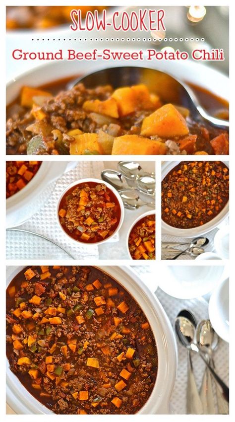 Sweet Potato Beef Chili Recipe | Scrappy Geek Sweet Potato Chili Crockpot, Chili Recipe Beef, Sweet Potato Ground Beef, Sweet Potato Chili Vegetarian, Potato Chili Recipe, Sweet Potato Chilli, Sweet Potato Chili Recipe, Slow Cooker Ground Beef, Potato Chili